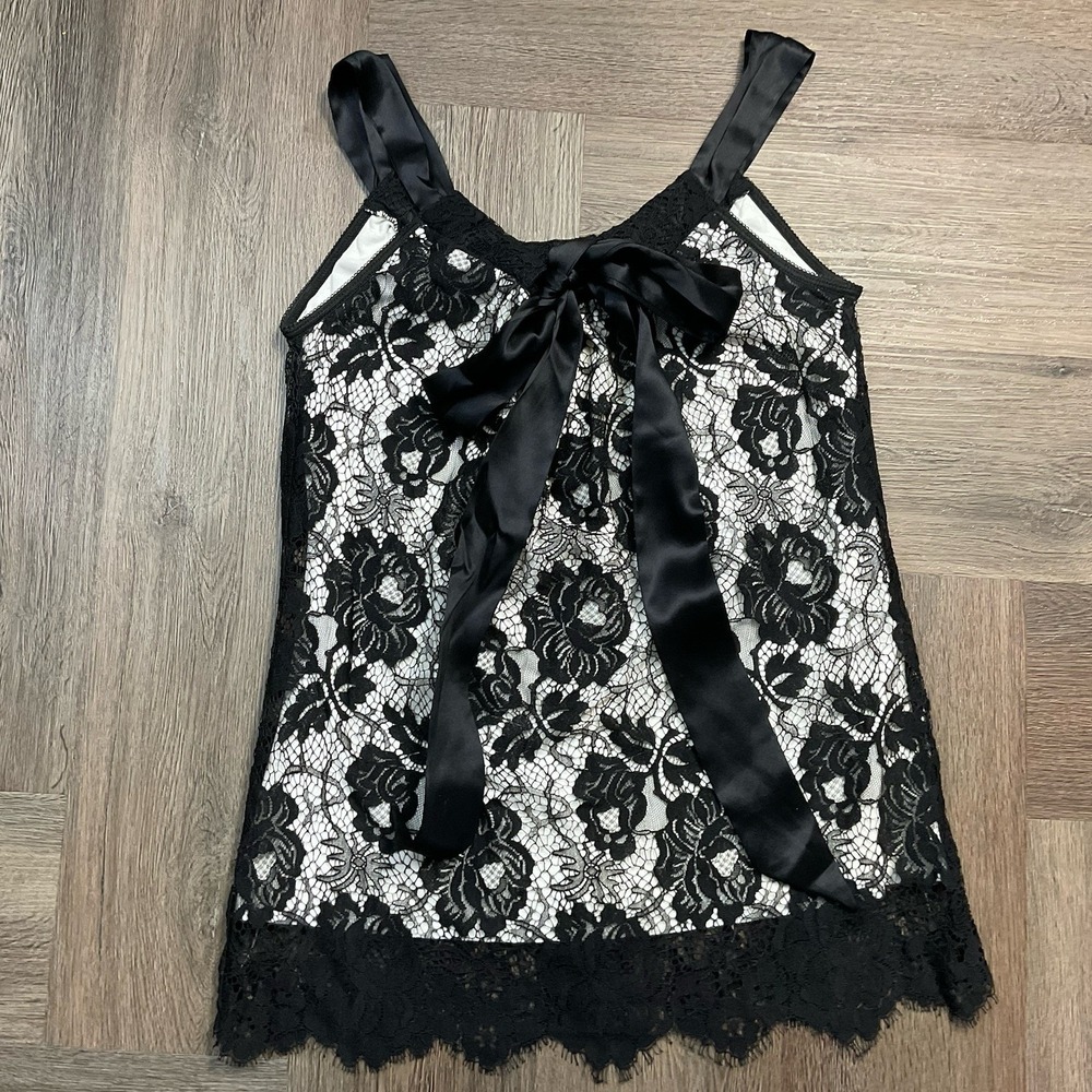 Karen Kane Coquette Victorian Lace Satin Bow Camisole Tank Small‎ Black White